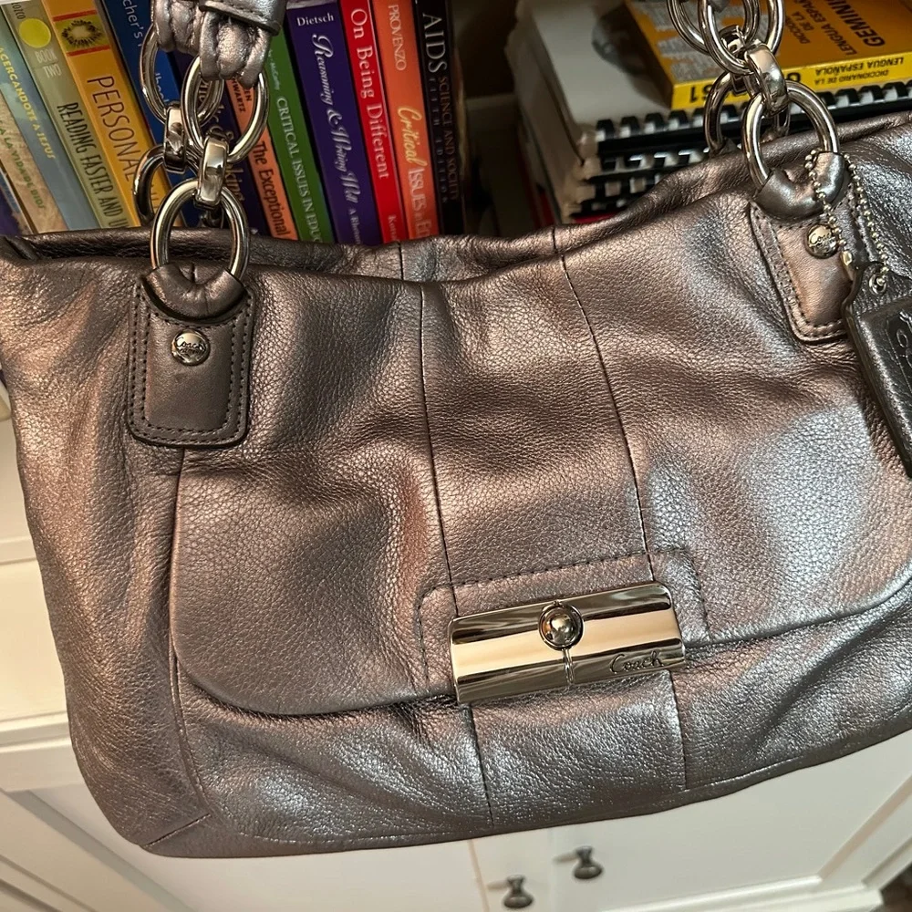 COACH Metallic Silver Leather Tote Bag with Chain Detail